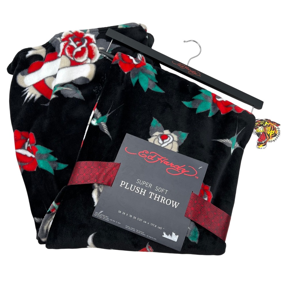 Ed Hardy Black and White Plush Throw with Red Roses